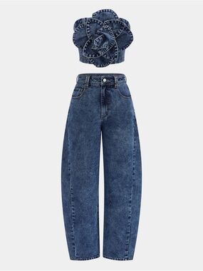Commense Denim Set Blue Mid-Waist Curved Leg Barrel Jeans & 3D Flower Top